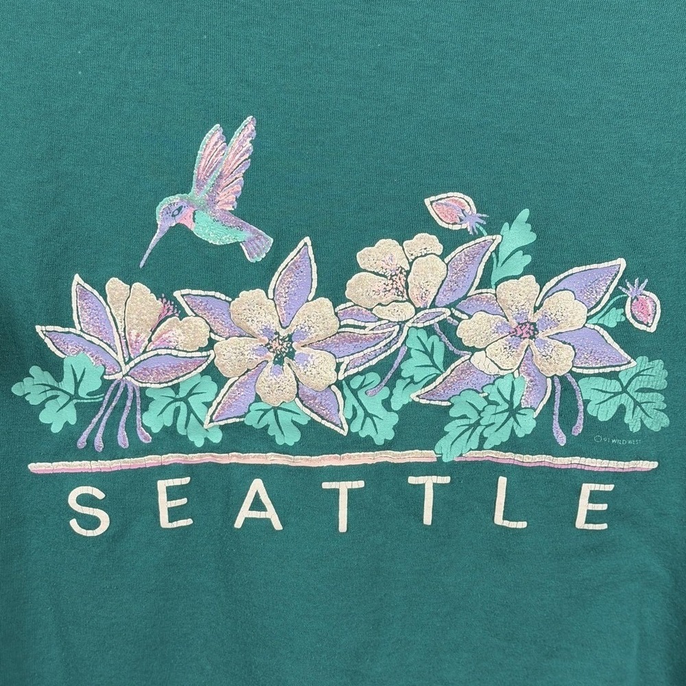 Vintage‎ Seattle Shirt Mens Large Green Hummingbird Flowers Graphic 80s 90s - Picture 5 of 5